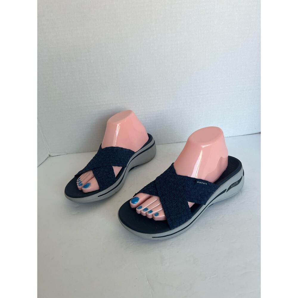 SKECHERS GO WALK ARCHFIT‎ COMFORT SANDAL SHOES BLUE & GRAY OPEN TOE SLIP ON SZ 9